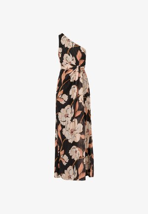 Maxi-jurk met één schouder in zwarte stof met groot beige en perzikkleurig bloemmotief. Voorzien van een taillekoord en een geplooide textuur over het hele kledingstuk.