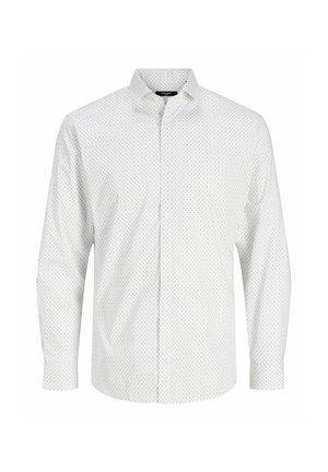 Camicia bianca a maniche lunghe con bottoni, motivo a piccoli diamanti sottili e colletto classico, mostrata su uno sfondo neutro.