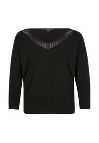 Czarny sweter z dekoltem w kształcie V, ozdobiony teksturowanym paskiem wzdłuż dekoltu oraz prążkowanymi mankietami i dołem. Wykonany z miękkiego materiału.