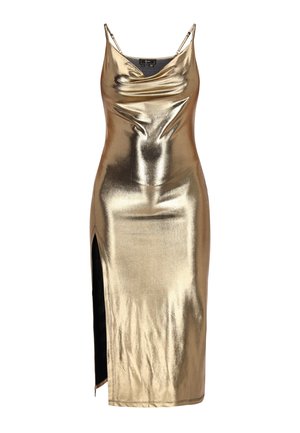 Rochie slip metalizată aurie cu decolteu în formă de cowl, bretele subțiri ajustabile și o fante înaltă pe coapsă. Material neted și lucios, cu un design aderent.