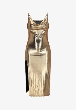 Metaalachtig gouden slipdress met een kraaghalslijn, verstelbare spaghettibandjes en een hoge split aan de zijkant. Glad, glanzend stof met een aansluitend ontwerp.
