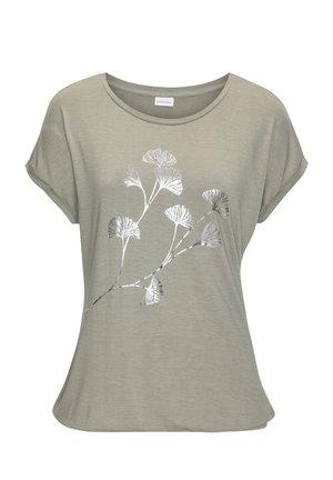 T-shirt verde chiaro con stampa floreale argento. Tessuto morbido e leggero con vestibilità comoda e maniche corte. Collo rotondo.
