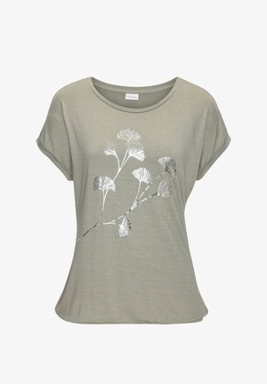 Lichtgroene t-shirt met een zilveren bloemenprint. Zachte, lichte stof met een relaxed fit en korte mouwen. Ronde halslijn.