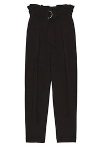 Schwarze hochgeschnittene Hose mit einem gerafften Saum, einer runden metallischen Gürtelschnalle, Faltendetails und umgeschlagenen Bündchen. Glattes Material mit einer strukturierten Passform.