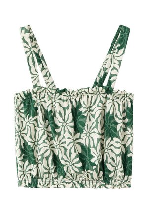 Crop top à motif floral vert et blanc avec fines bretelles et bandes élastiques en haut et en bas de l'ourlet.