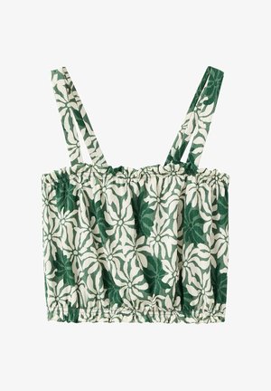 Crop top à motif floral vert et blanc avec fines bretelles et bandes élastiques en haut et en bas de l'ourlet.
