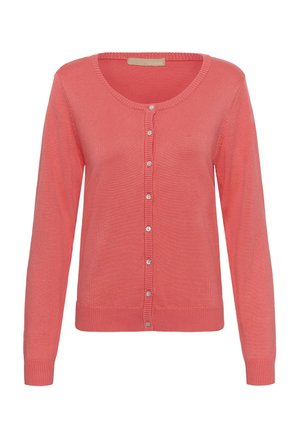Koraljno ružičasti pleteni kardigan s okruglim izrezom, dugim rukavima, rebrastim manžetama i rubom, te prednjim zatvaračem s sedam gumba.