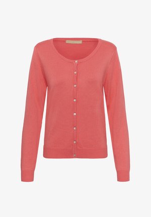 Koraljno ružičasti pleteni kardigan s okruglim izrezom, dugim rukavima, rebrastim manžetama i rubom, te prednjim zatvaračem s sedam gumba.