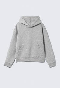 Grijze katoenen hoodie met een zak aan de voorkant, een ontspannen pasvorm en een capuchon met trekkoord, geribde zoom en manchetten. Soepele textuur, minimalistisch ontwerp.