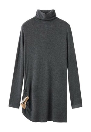 Žerzejový top s rolákom v antracitovej farbe s dlhými rukávmi, s bočným nariasením a dekoratívnym kovovým doplnkom na spodnej strane.