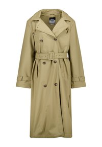 Beige waterproof trench coat with double-breasted front, belt at waist, and buttoned cuffs. Features a classic collar and side pockets.