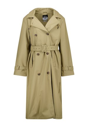 Beige vedenkestävä trench-coat, jossa on kaksirivinen etuosa, vyö vyötäröllä ja napitetut hihansuut. Ominaisuuksiin kuuluu klassinen kaulus ja sivutaskut.