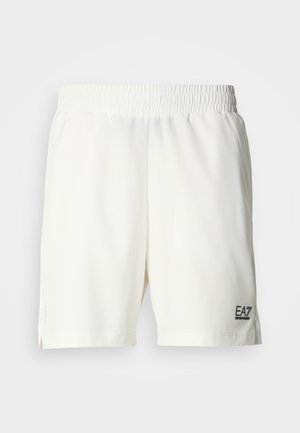 Vita sportshorts av slät tyg med elastisk midjeresår och en liten svart EA7-logotyp på nedre vänstra sidan.