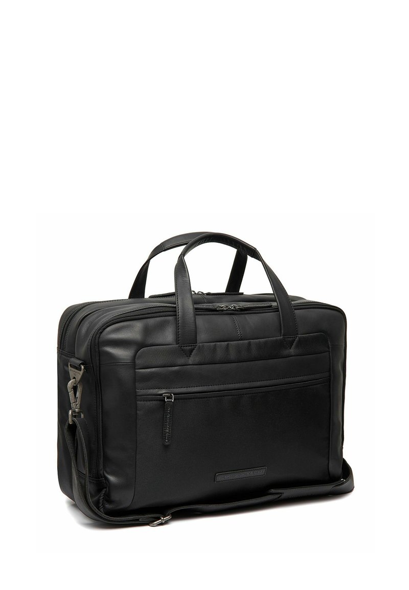 Schwarze Ledertasche mit zwei oberen Griffen, einem abnehmbaren Schultergurt, einer Front-Reißverschlusstasche und mehreren Fächern zur Organisation.