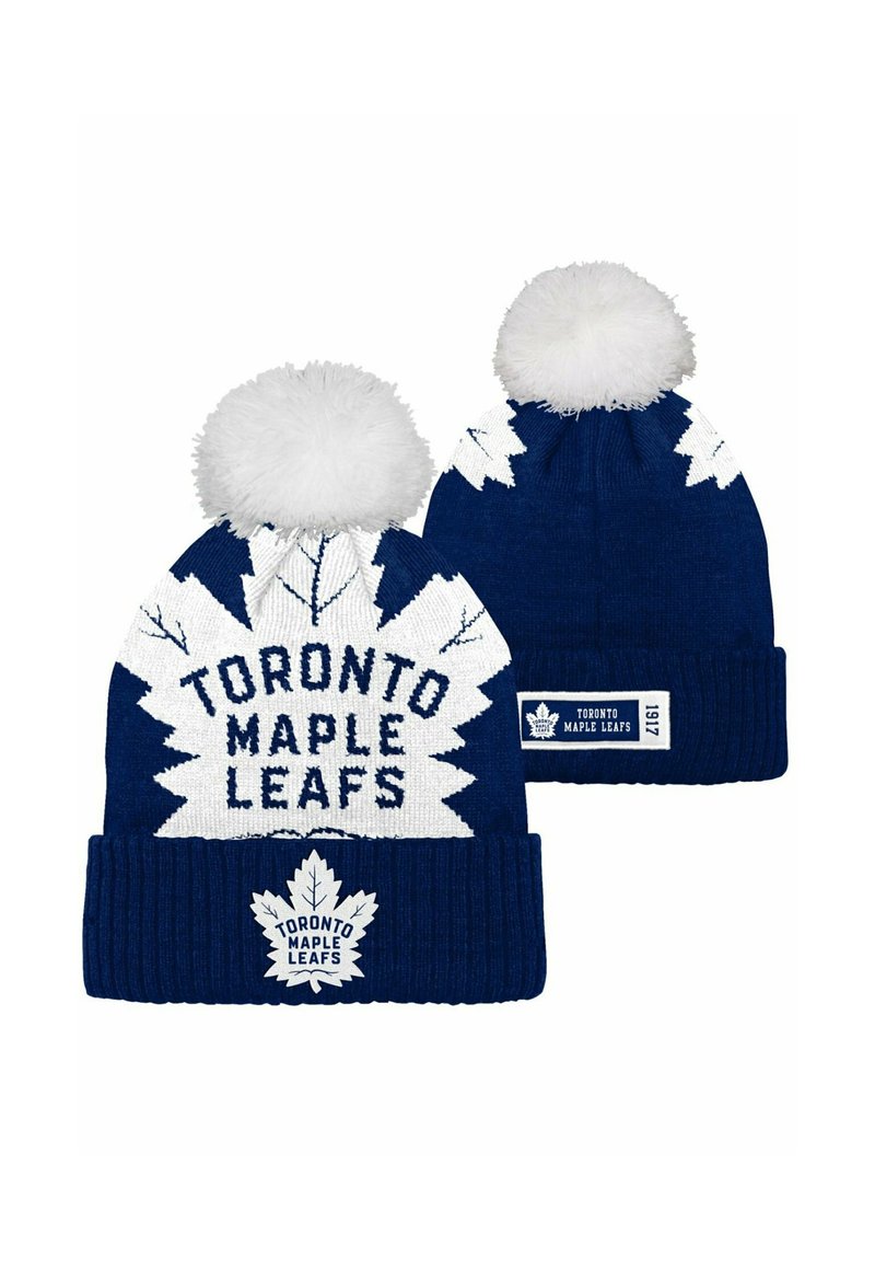 Dunkelblauer Strickbeanie mit einem weißen Pompon, dem Text "TORONTO MAPLE LEAFS" und einem Blätterdesign sowie einem gerippten Bündchen.