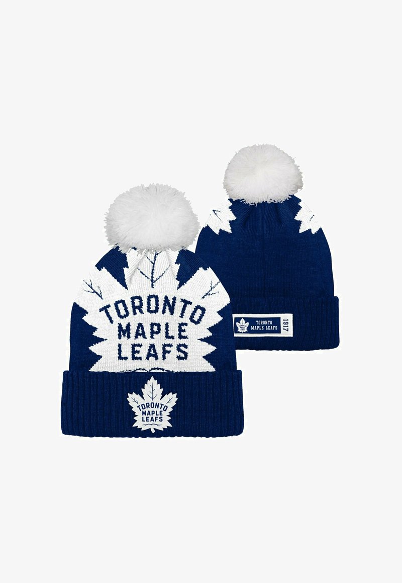 Dunkelblauer Strickbeanie mit einem weißen Pompon, dem Text "TORONTO MAPLE LEAFS" und einem Blätterdesign sowie einem gerippten Bündchen.