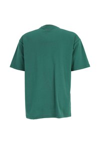 Groene katoenen t-shirt, ronde hals, korte mouwen, eenvoudige uitstraling, losse pasvorm, gladde textuur, geen zichtbare logo's of patronen.