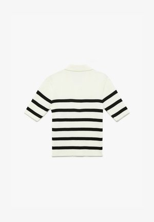Korte mouwen polo shirt in het wit met zwarte horizontale strepen. Ribbelstructuur, klassieke kraag en rechte zoom.