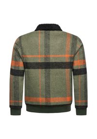 Green, plaid sweater with orange and black lines; features a black, textured collar and ribbed cuffs; warm, knit material.