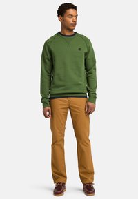 Felpa verde con scollo rotondo e polsini a costine, abbinata a pantaloni beige. Dettaglio logo evidente sul petto e tessuti solidi.