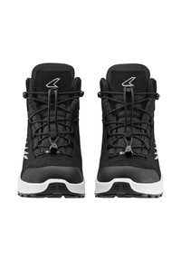 Schwarze Wanderschuhe mit Obermaterial aus Mesh, verstärkten Zehenkappen, elastischen Schnürsenkeln und weißen Akzenten an den Seiten. Dicke Gummisohlen für besseren Halt.