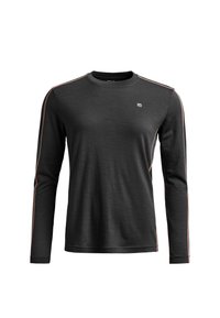 Long-sleeve black shirt with a crew neck, featuring contrasting pink side stripes and a small logo on the chest. Made from soft material.