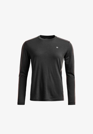 Long-sleeve black shirt with a crew neck, featuring contrasting pink side stripes and a small logo on the chest. Made from soft material.