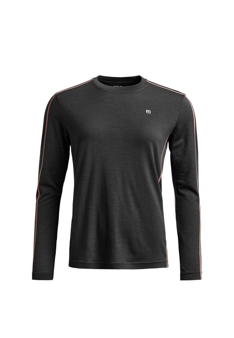 Long-sleeve black shirt with a crew neck, featuring contrasting pink side stripes and a small logo on the chest. Made from soft material.