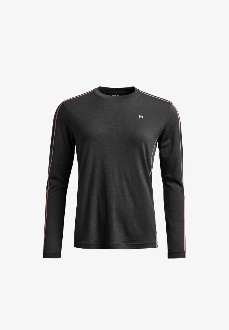 Long-sleeve black shirt with a crew neck, featuring contrasting pink side stripes and a small logo on the chest. Made from soft material.