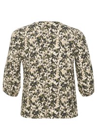 Blümchenbluse mit 3/4-Ärmeln, die ein strukturiertes Muster in Schwarz, Beige und Grün aufweist. Lockere Passform, runder Ausschnitt und weiches Material.