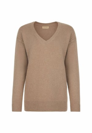 Maglione beige a V in tessuto morbido e texturizzato. Presenta orlo e polsini a costine. Maniche lunghe con vestibilità rilassata. Nessun motivo o accento visibile.