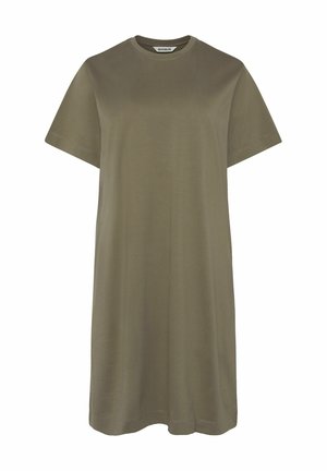 Olive green short-sleeve T-shirt dress, made of soft fabric, featuring a round neck and a loose fit. Simple design with no additional patterns.