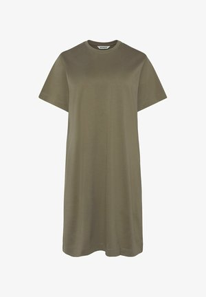 Maslinasto zelena haljina sa kratkim rukavima od mekanog materijala, s okruglim izrezom i slobodnim krojem. Jednostavan dizajn bez dodatnih uzoraka.
