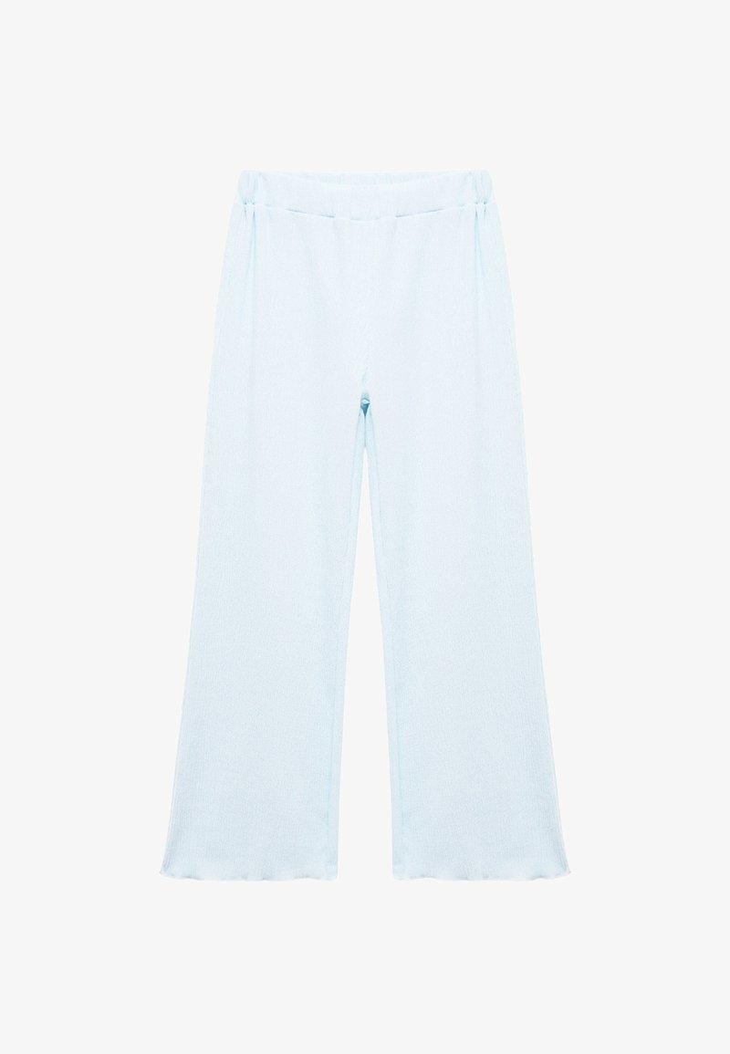 Lichtblauwe, wijde broek gemaakt van een gestructureerde stof met een elastische tailleband en onafgewerkte zomen.