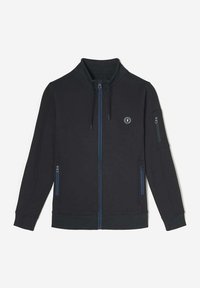 Veste sweatshirt noire avec col montant, accents de fermeture éclair bleus, deux poches avant, poche latérale sur la manche et patch de logo sur la poitrine.