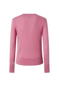 Maglione rosa a coste con maniche lunghe, scollo rotondo e fondo aderente. La texture è liscia con una leggera lucentezza.