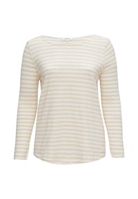Lange mouwen shirt in licht beige met witte horizontale strepen, zachte stof, ronde halslijn en ontspannen pasvorm. Naadtjes bij de manchetten.