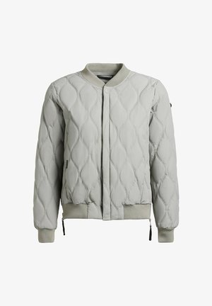Light gray quilted bomber jacket with ribbed collar, cuffs, and hem, front snap buttons, and a zippered pocket on the sleeve.