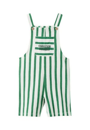 Zelené a biele vertikálne pruhované krátke nohavice na traky s predným vreckom, na ktorom je vyšívaný nápis "CREATING STORIES" a s drevenými gombíkmi na trakoch.