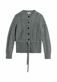 Grå strikket cardigan med diamantmønstre, fem mørke knapper foran, ribbede ærmekanter og kant samt et bånd ved taljen.