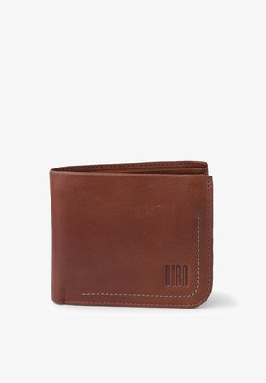 Portefeuille en cuir marron avec une texture lisse, présentant des coutures blanches et un logo en relief. Design à deux volets avec plusieurs emplacements pour cartes à l'intérieur.