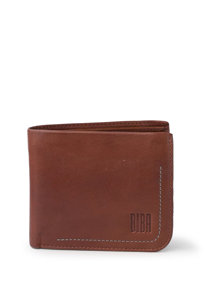 Portefeuille en cuir marron avec une texture lisse, présentant des coutures blanches et un logo en relief. Design à deux volets avec plusieurs emplacements pour cartes à l'intérieur.