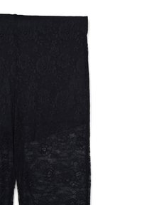 Leggings in pizzo nero con un motivo floreale, caratterizzati da una vita liscia e una texture semi-trasparente.