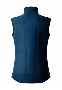 Marineblaue ärmellose Weste mit hohem Kragen, glatter Textur und seitlichen Einsätzen. Verfügt über einen abgerundeten Saum und dezentes Branding unten rechts.