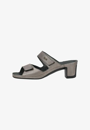 Sandalo da donna taupe con texture, tacco aperto e due cinturini regolabili, tacco a blocco di altezza media.