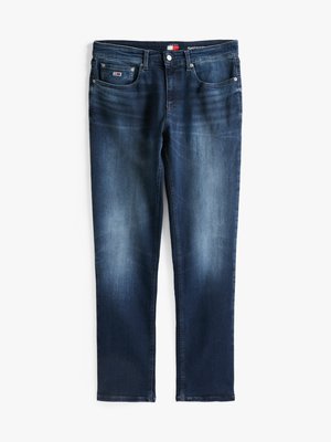 Dark blue denim jeans with a faded finish, straight-leg cut, five pockets, and a button closure. Features branded tab near the waistband.