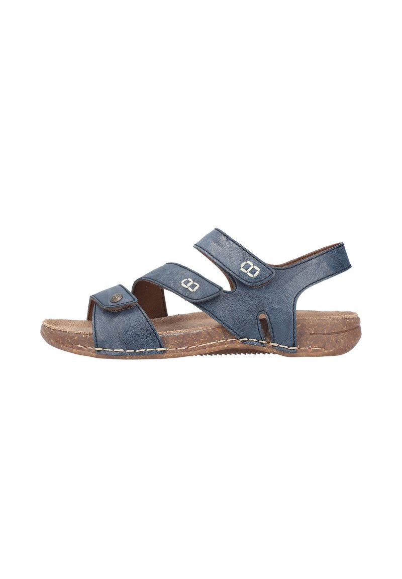 Blue leather sandal featuring two adjustable straps, a cork platform, and stitched detailing. Open toe design with side cutouts for breathability.