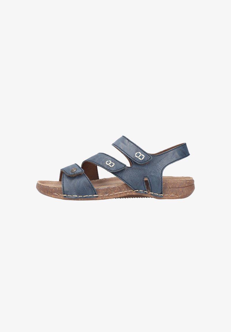Blue leather sandal featuring two adjustable straps, a cork platform, and stitched detailing. Open toe design with side cutouts for breathability.