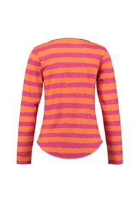 Langärmliges Shirt in orange- und rosa-gestreiften horizontalen Mustern. Weicher Stoff, abgerundeter Saum und keine sichtbaren Nähte oder Hardware-Details.