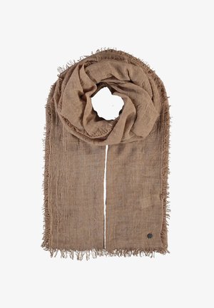 Világosbarna vászon sál, puha textúrával, rojtos széllel és kör alakú formával, enyhe árnyalat-változásokkal. Kicsi emblémával díszítve.